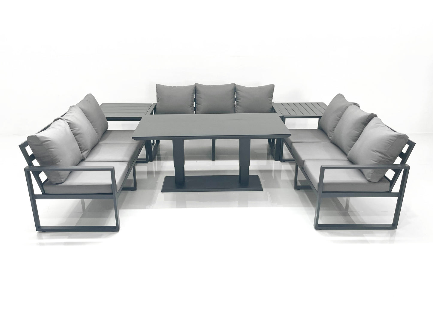 Dark Grey Aluminium 9-Seater Garden Sofa Set with Adjustable Rising Dining Table and Side Tables