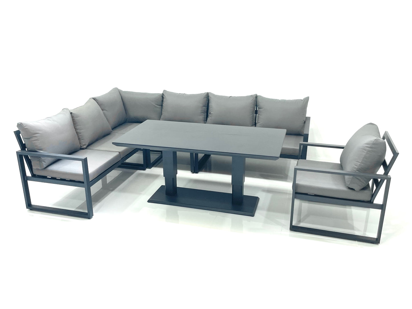 Dark Grey Aluminium Corner Sofa Set with Adjustable Rising Dining Table and Chair