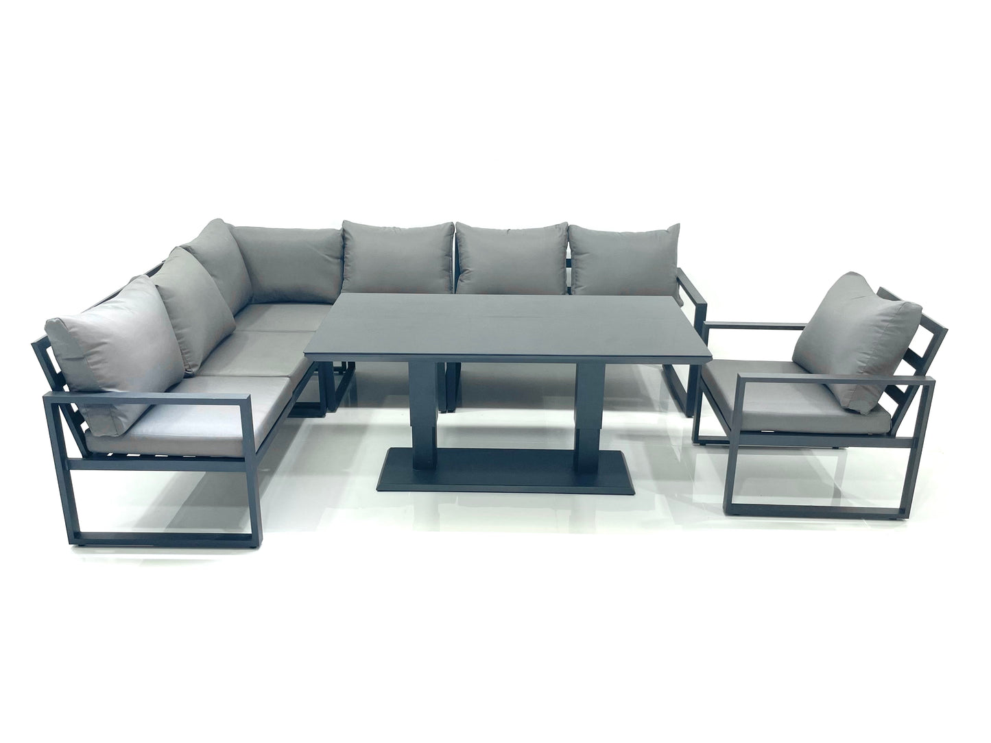 Dark Grey Aluminium Corner Sofa Set with Adjustable Rising Dining Table and Chair