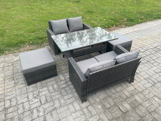 Dark Grey Rattan 6-Seater Garden Set with Rectangular Dining Table and Footstools