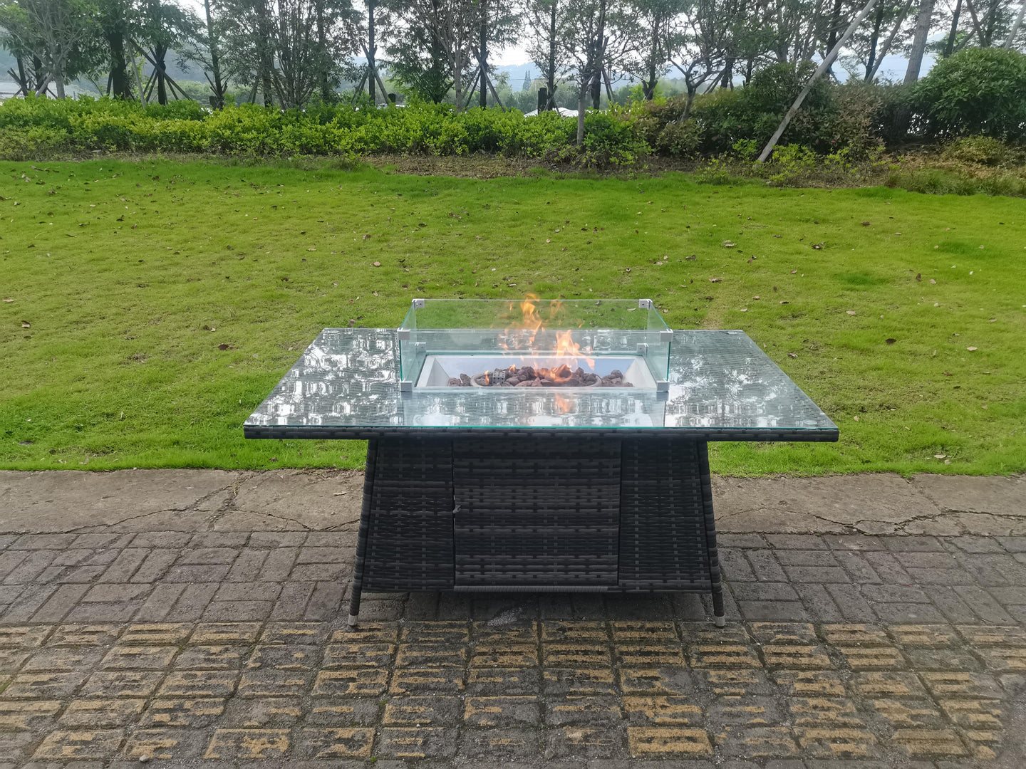 Dark Grey Rattan 8-Seater Corner Garden Set with Gas Fire Pit Table