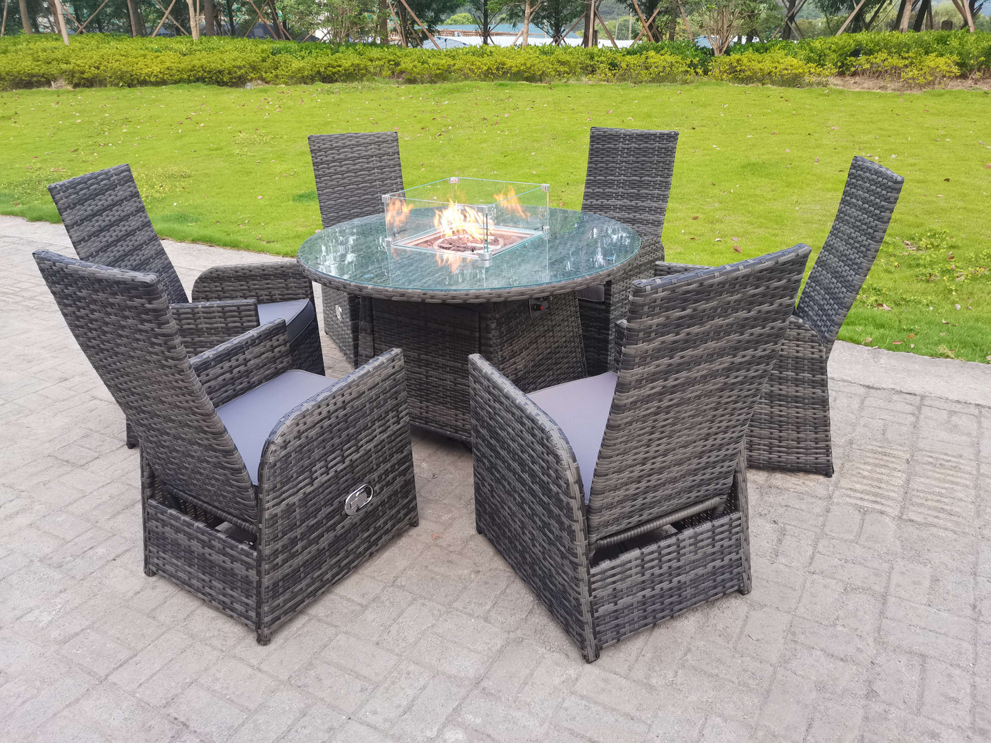Dark grey rattan 6-seater round dining set with gas fire pit table and reclining chairs