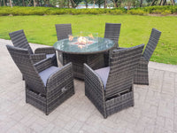 Dark grey rattan 6-seater round dining set with gas fire pit table and reclining chairs