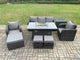 Dark grey wicker rattan garden set with gas fire pit table, 3-seater sofa, and reclining chairs.