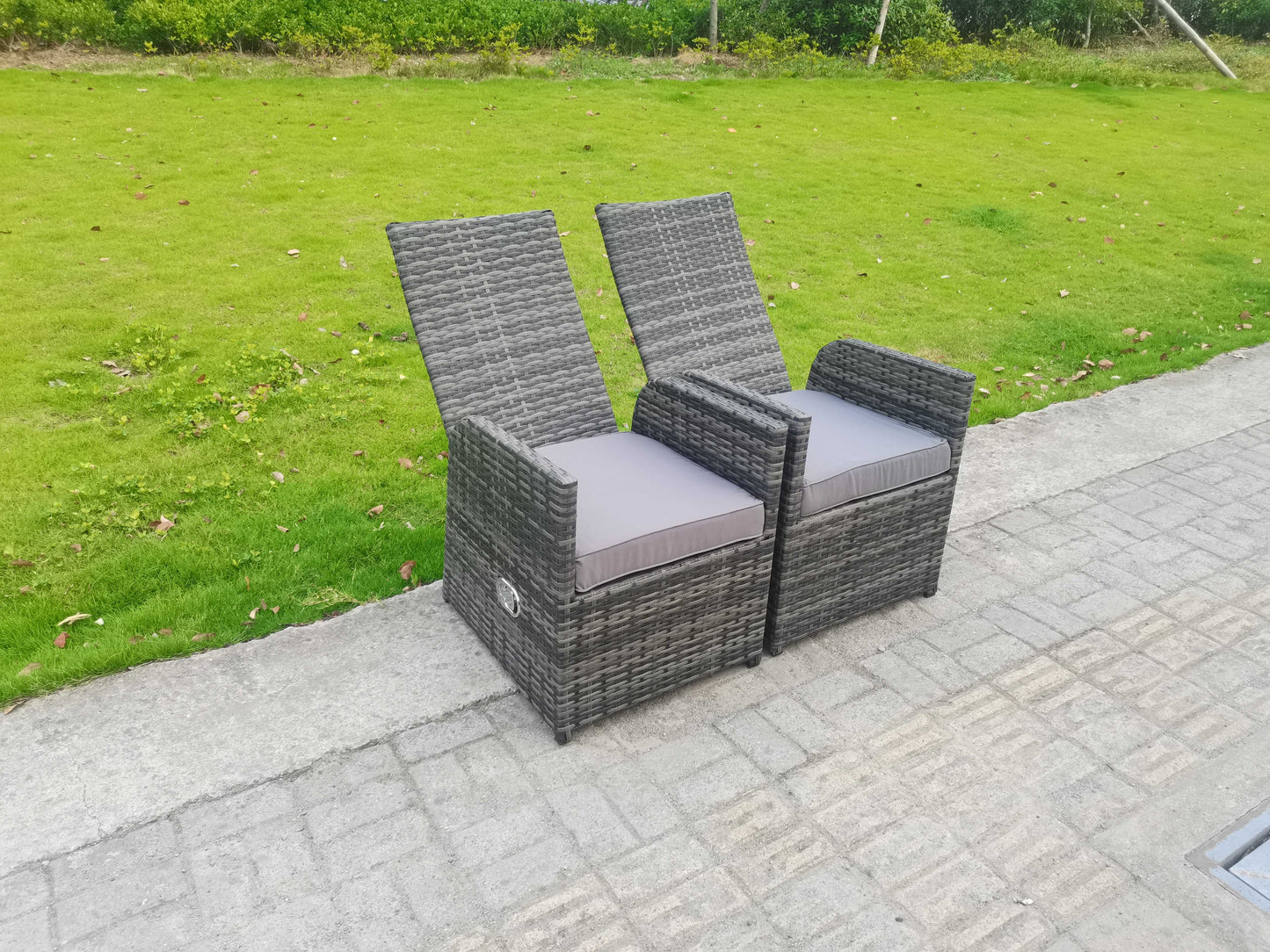 Dark grey rattan 6-seater round dining set with gas fire pit table and reclining chairs