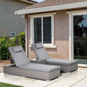 3PC Rattan Sun Lounger, Garden Furniture with Side Table, 5-Position Adjustable Recline Chair, Grey