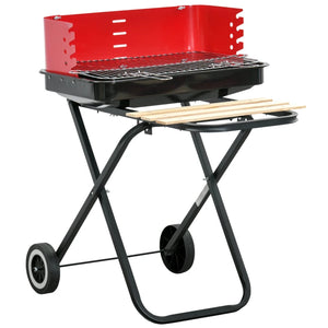 Charcoal Trolley BBQ Barbecue Grill Patio Camping Picnic Garden Party Outdoor Cooking with Windshield, Wheels Side Trays, Black/Red