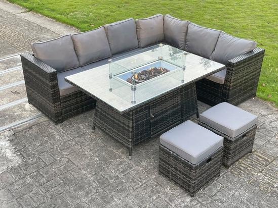 Glasgow 8 Seater Rattan Corner Sofa Set Garden table with Fire pit Furnico Living