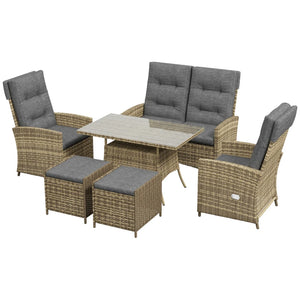 6-Piece Patio Rattan Dining Set w/ Glass Table & Lounge Chair