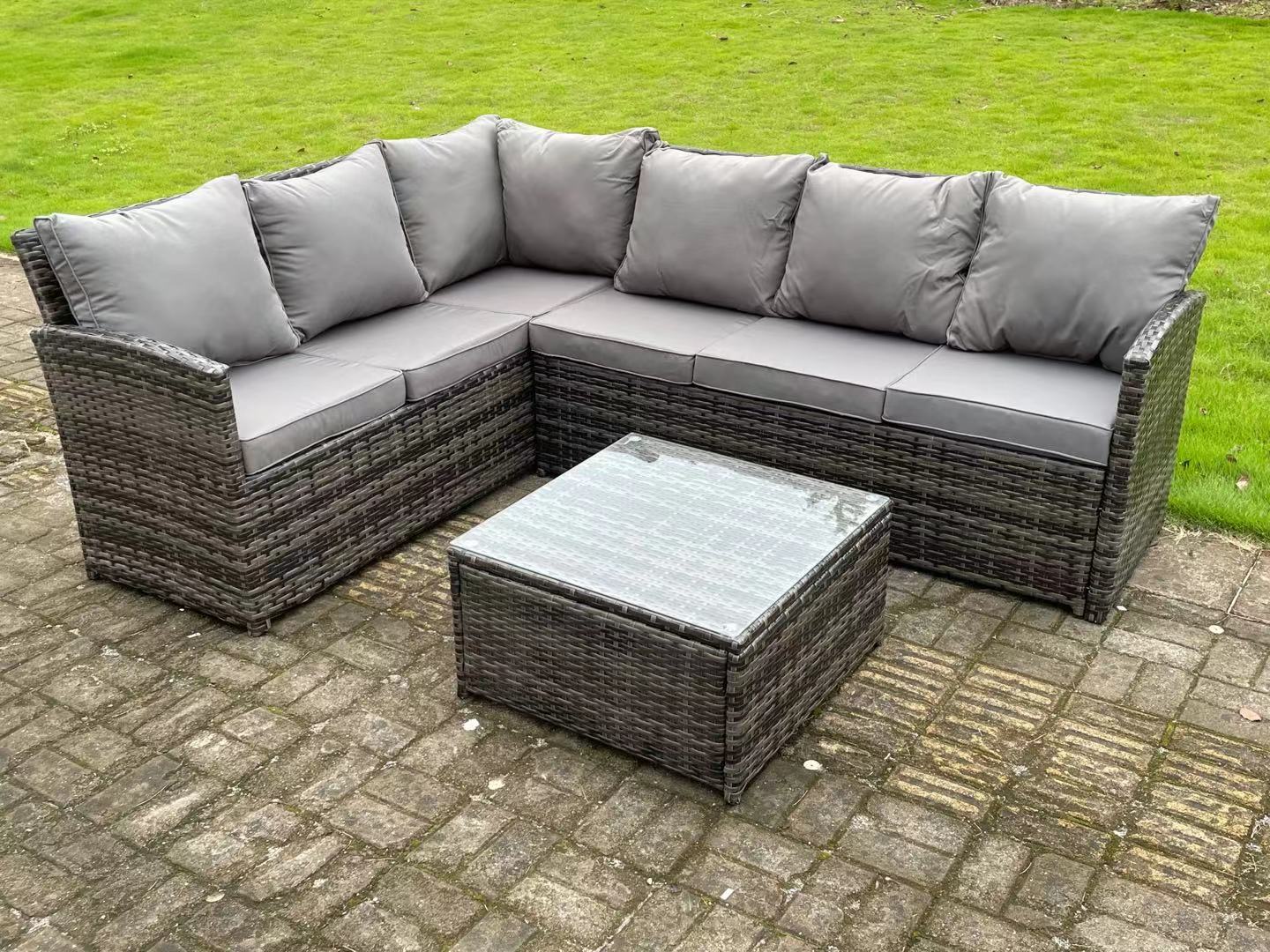 High Back Dark Grey Rattan Corner Sofa Set with Square Coffee Table