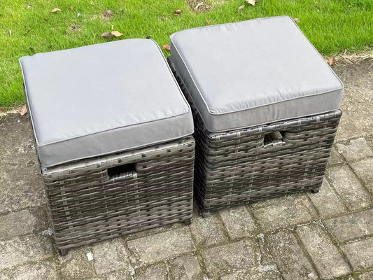 High Back Dark Grey Rattan Corner Sofa Set with Rectangular Dining Table and Footstools