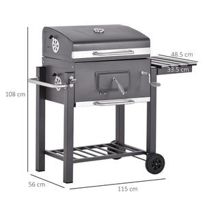 Charcoal Grill BBQ Trolley with Adjustable Grate & Smoker