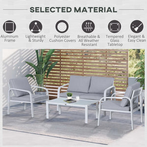 4-Piece Aluminum Patio Sofa Set - 2 Armchairs, 1 Bench, 1 Coffee Table with Cushions