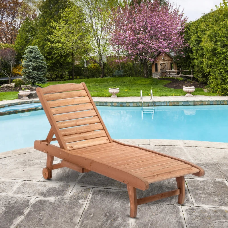 Outdoor Wooden Lounger Chair, Sun Bed with Built-In Table, Adjustable Backrest and Wheels, Red Brown
