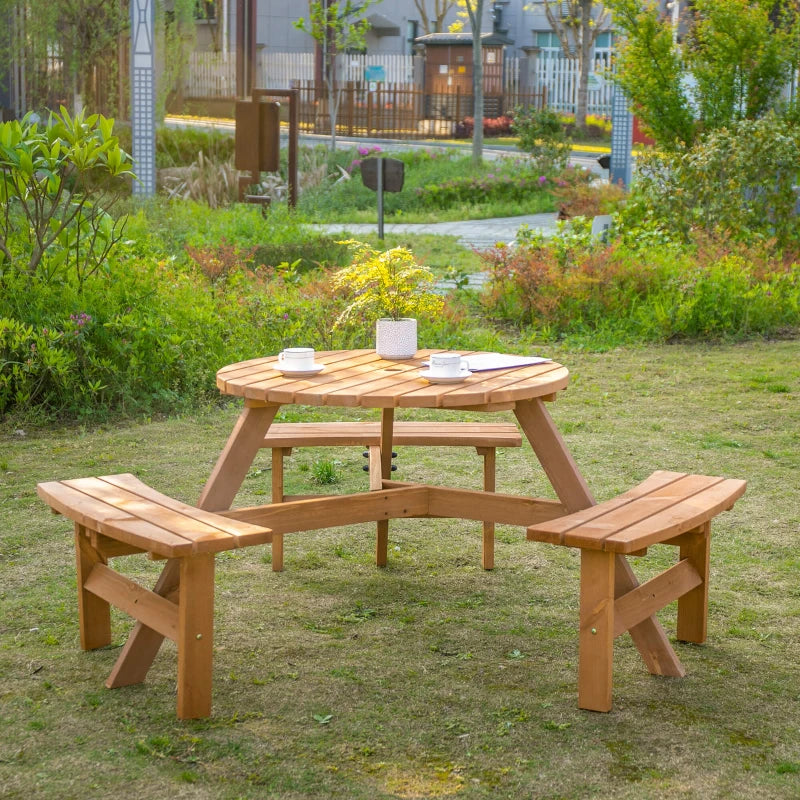 Outsunny 6 Seater Wooden Picnic Table and Bench Set Round Patio Dining Set