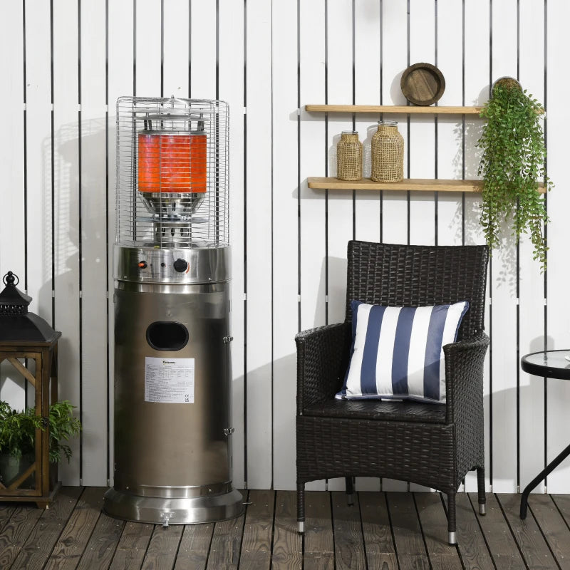 10KW Outdoor Gas Patio Heater Terrace Freestanding Bullet Style Heater with Wheels, Dust Cover, Regulator and Hose, 46 x 46 x 137, Silver