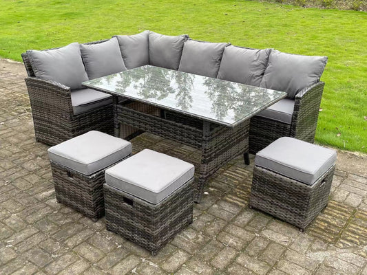 High Back Dark Grey Rattan Corner Sofa Set with Rectangular Dining Table and Footstools