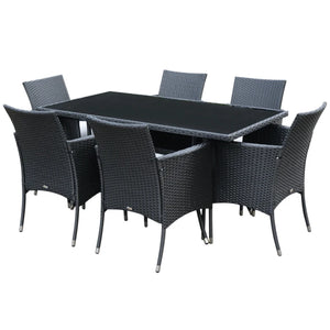 7-Piece Outdoor Rattan Dining Set - 6 Armchairs & Glass Table 