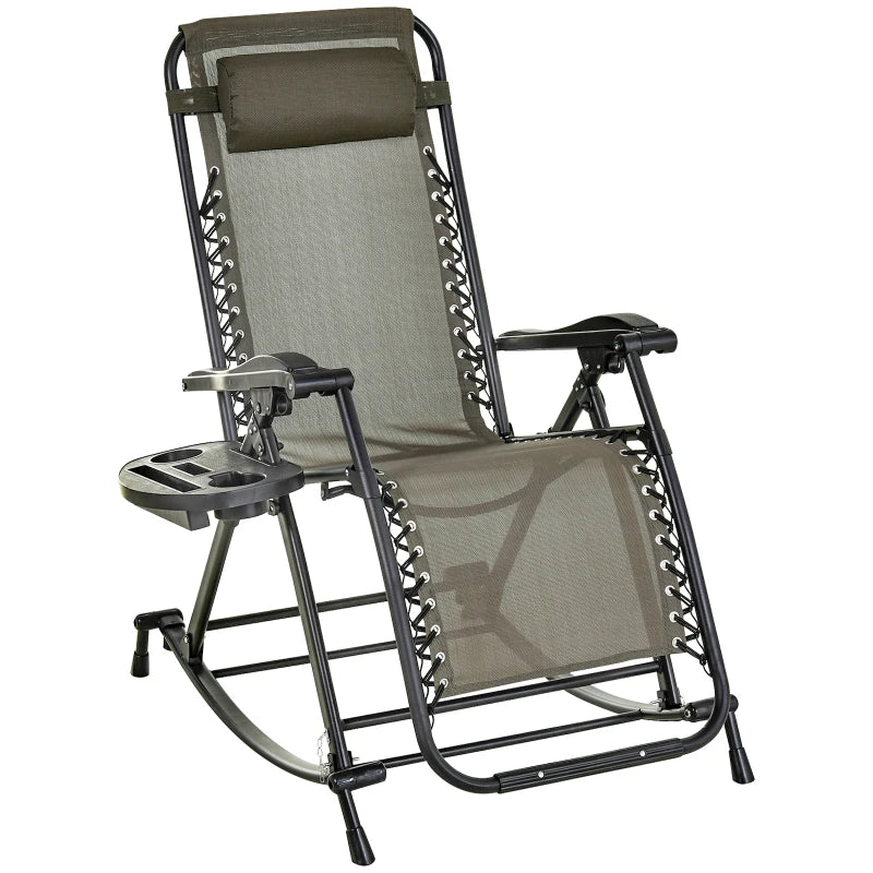Garden Rocking Chair Folding Recliner Outdoor Adjustable Sun Lounger Rocker Zero-Gravity Seat with Headrest Side Holder Patio Deck - Grey