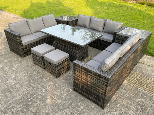 U-Shape Rattan Garden Furniture Dining Sofa Set with Adjustable Table