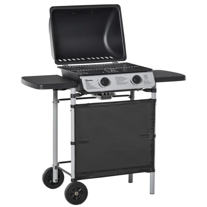 2 Burner Propane Gas BBQ Grill 5.6kW with Side Shelves and Wheels