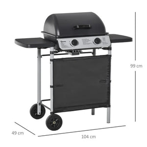 2 Burner Propane Gas BBQ Grill 5.6kW with Side Shelves and Wheels