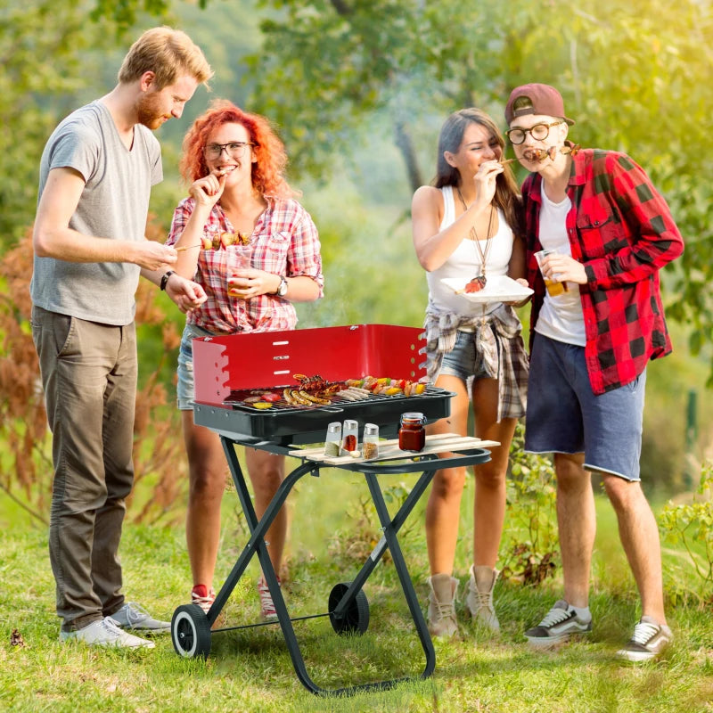 Charcoal Trolley BBQ Barbecue Grill Patio Camping Picnic Garden Party Outdoor Cooking with Windshield, Wheels Side Trays, Black/Red