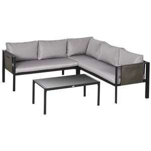 4 Piece Metal Garden Furniture Set with Tempered Glass Coffee Table