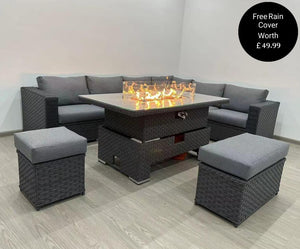 Buxton Rattan Garden Rising Corner Dining Set with Fire Pit (FREE RAIN COVER)