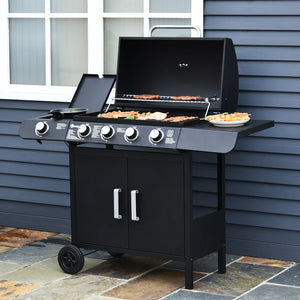 4+1 Gas Burner Grill BBQ Trolley Backyard Garden Smoker Side Burner Barbecue w/ Storage Side Table Wheels, Black