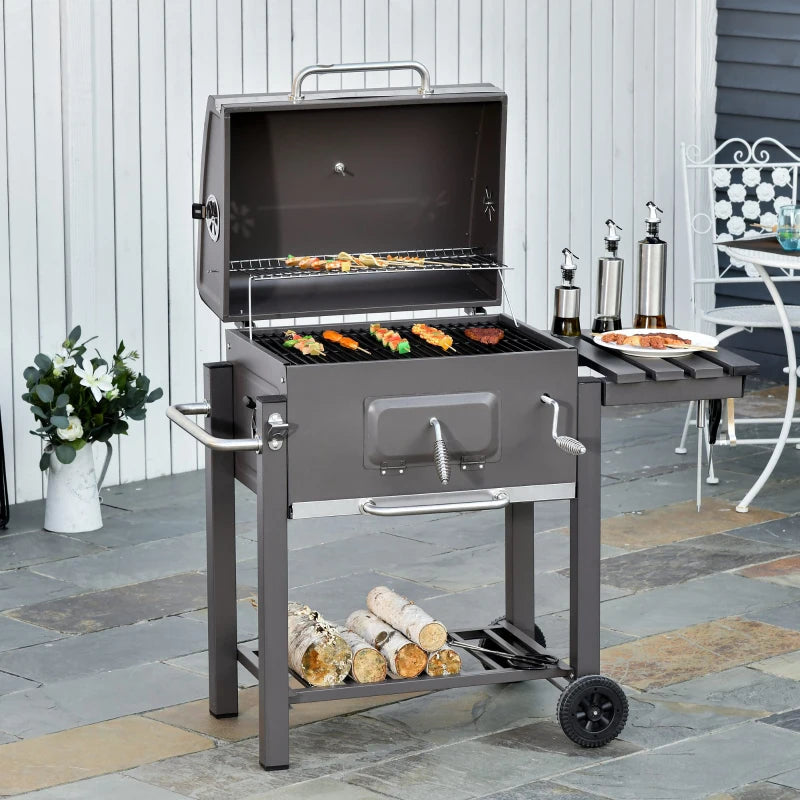 Charcoal Grill BBQ Trolley with Adjustable Charcoal Grate, Garden Metal Smoker Barbecue with Shelf, Side Table, Wheels, Built-in Thermometer, Bottle Opener