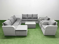 PE Rattan High Back Lounge Sofa Set – Patio Coffee Table & Chairs Set with 3-Seater Sofa, Reclining Chair, Big Footstool, and 2 Side Tables (Light Grey)