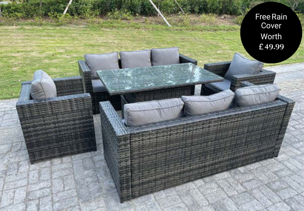 Manchester 8 Seater Outdoor Rattan Garden Furniture Set Polyrattan Sofa Height Adjustable Table Sets Lounge Chairs Dark Grey (FREE RAIN COVER)