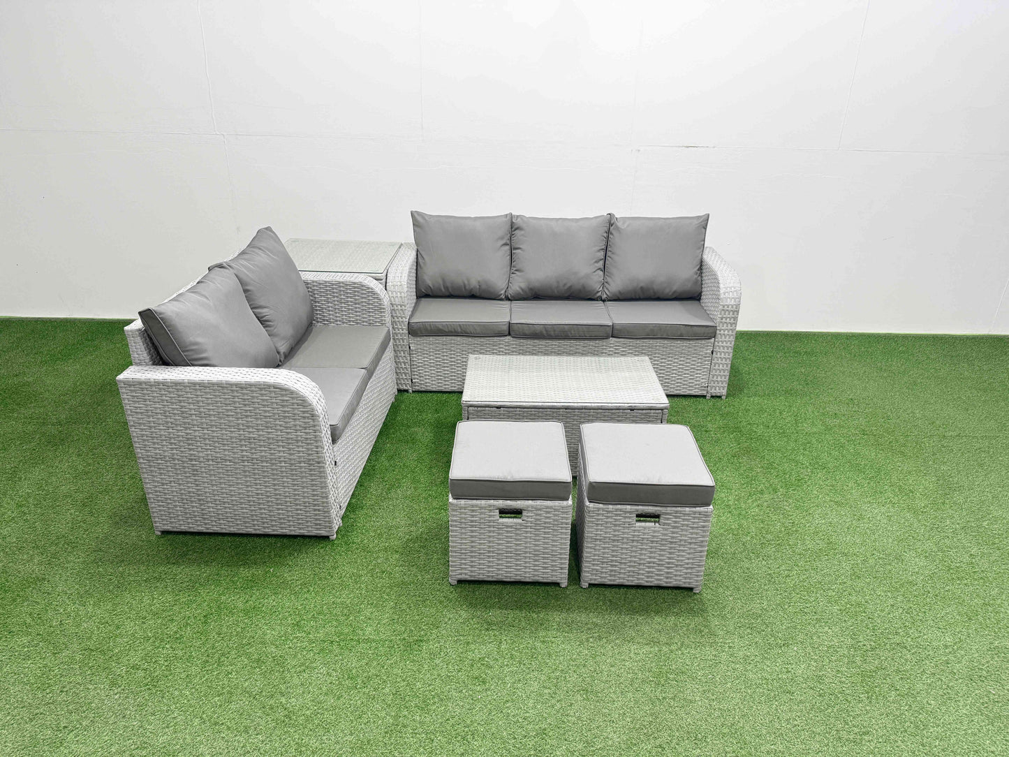 7-Seater PE Rattan Wicker Garden Furniture Set – Patio & Conservatory Sofa Set with Rectangular Coffee Table, 3-Seater Sofa, Love Sofa, 2 Stools, and Side Table