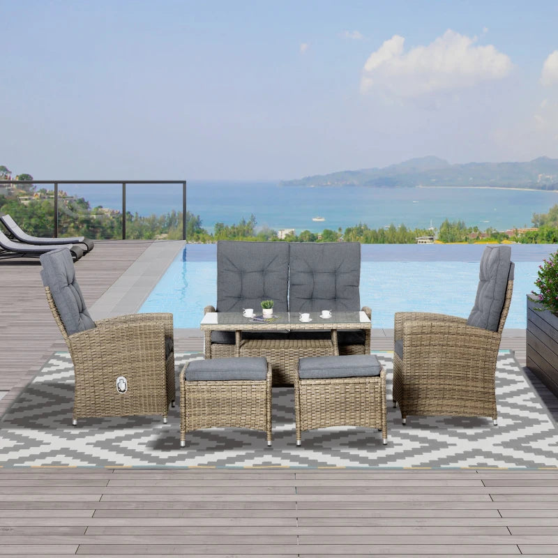 6-Piece Patio Rattan Dining Set w/ Glass Table & Lounge Chair