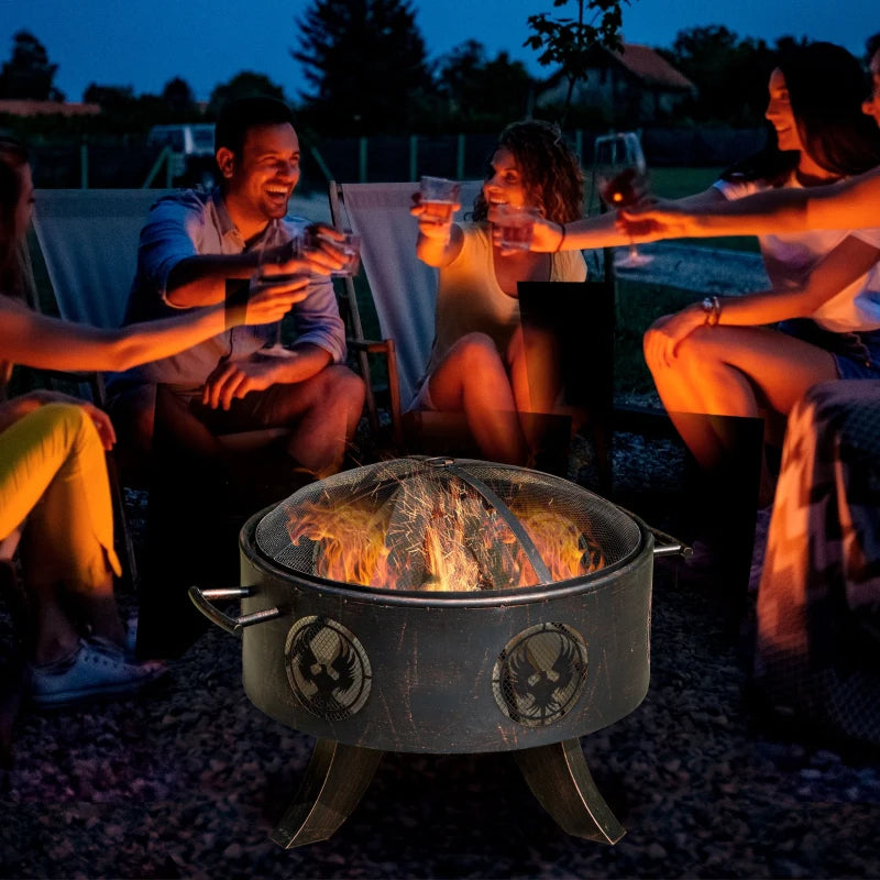 61cm Outdoor Fire Pit Patio Heater Charcoal Log Wood Burner with Screen Cover, Fire Bowl with Poker for Backyard, Bronze Tone