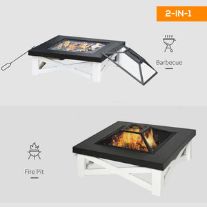 Metal Large Firepit Outdoor 3 in 1 Square Fire Pit Brazier w/ BBQ Grill, Lid, Log Grate, Poker for Backyard, Camping, Bonfire, Wood Burning Stove, 86 x 86 x 38cm, Black