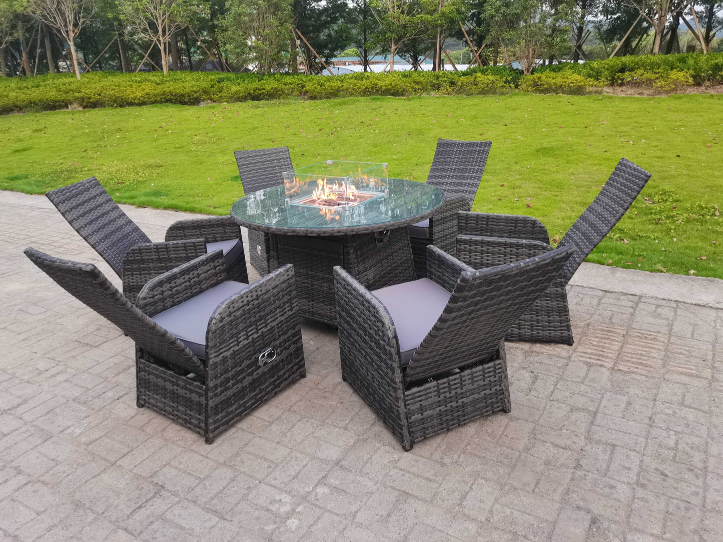 Dark grey rattan 6-seater round dining set with gas fire pit table and reclining chairs