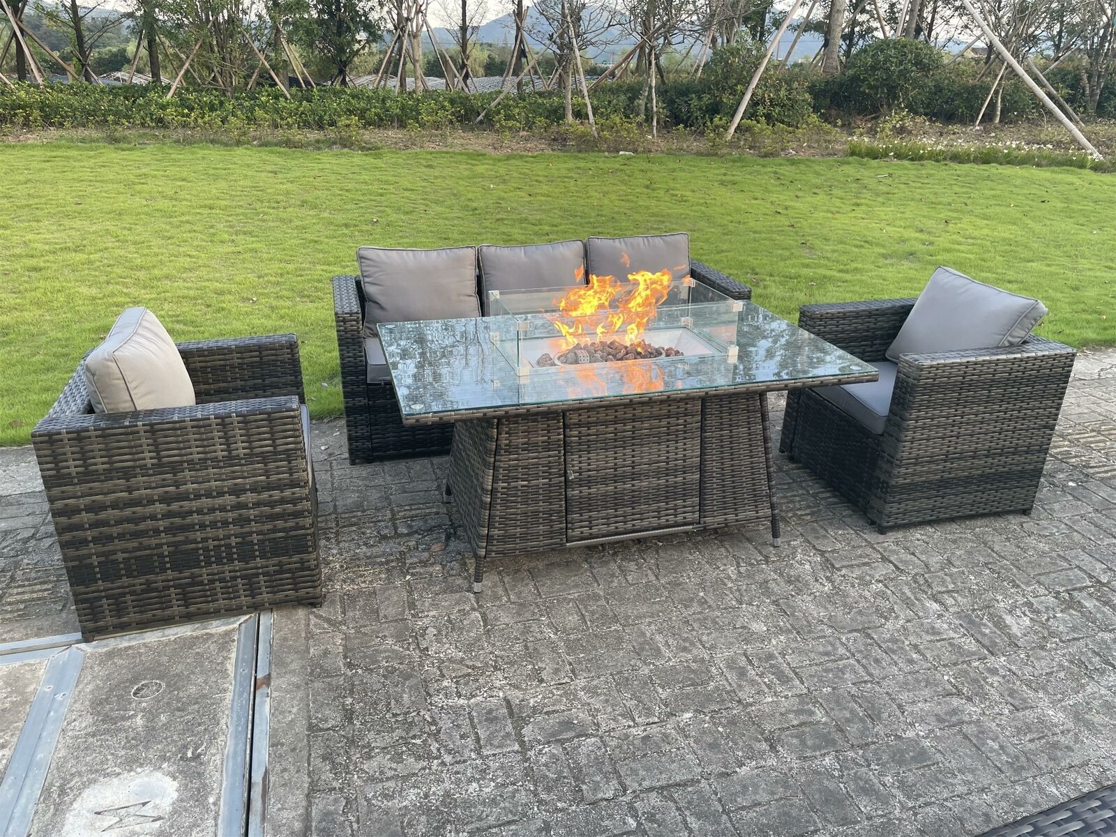 5 Seater Rattan Garden Furniture Gas Fire Pit Table Gas Heater Sets Lounge Sofa Set With Chair Clear Tempered Glass