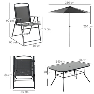 Eight-Piece Garden Dining Set, with Chairs, Table and Parasol - Black