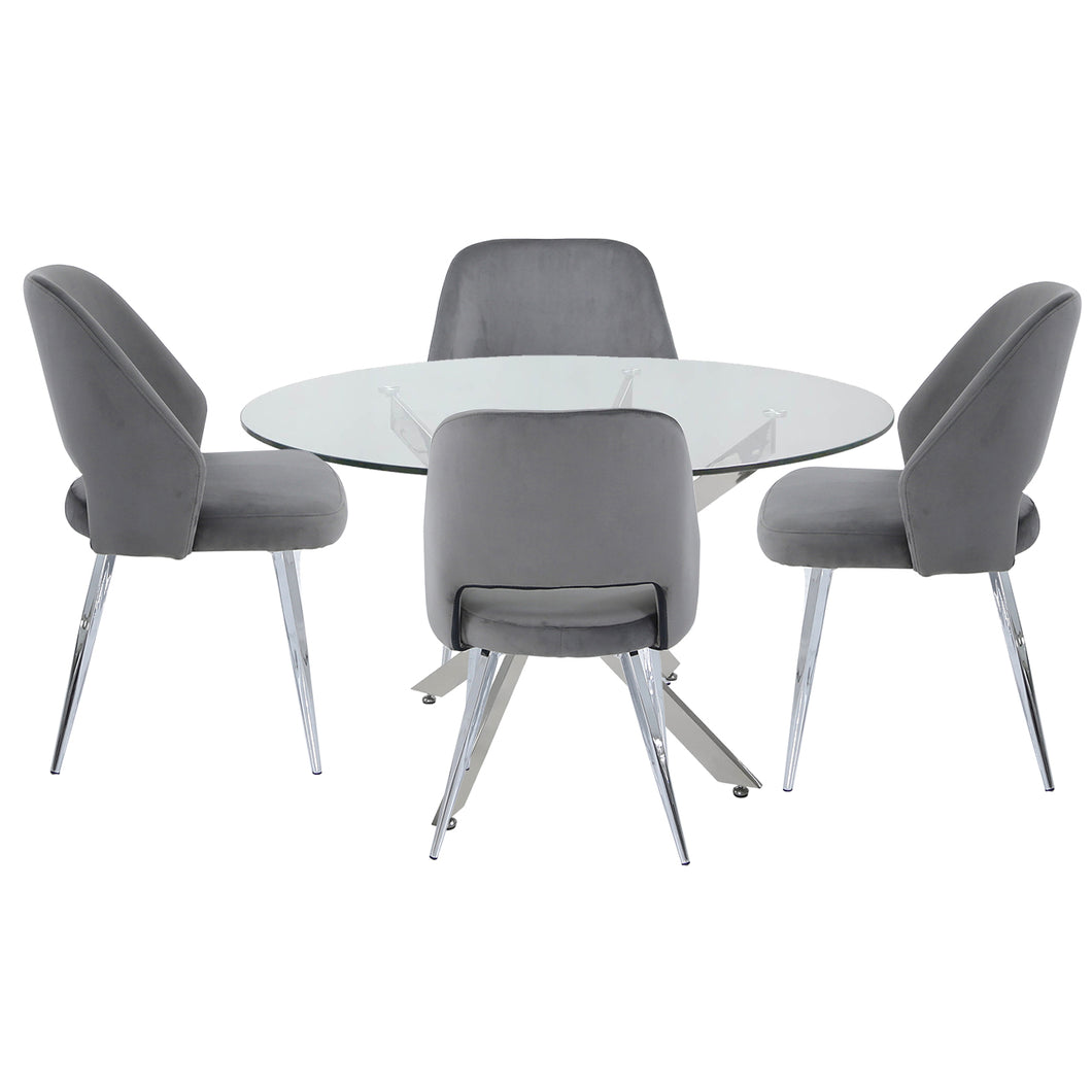 Alicia Round Dining Set with 4 Grey Velvet Chairs