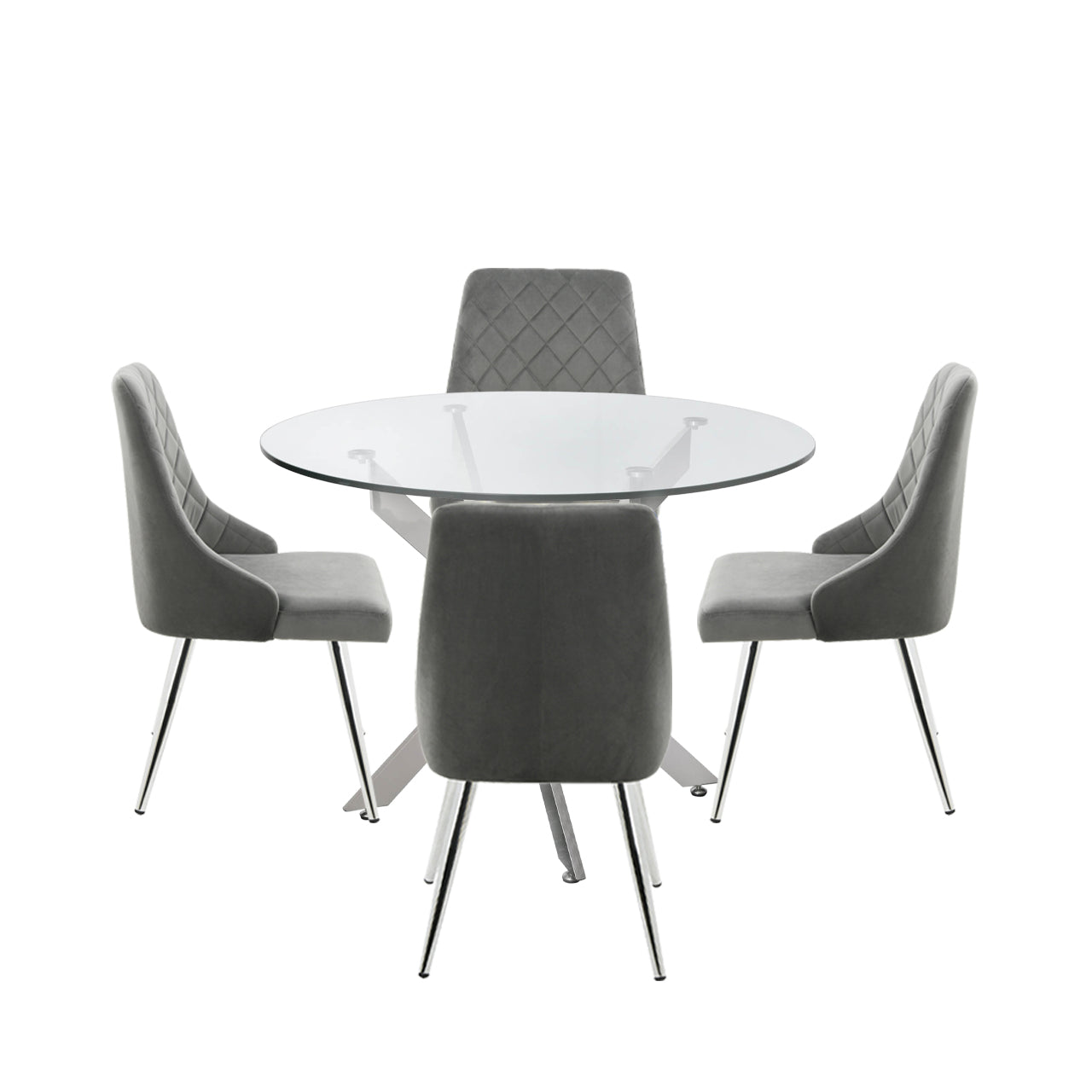 Cellini 100cm Round Glass Table Top with 4 Grey Chairs