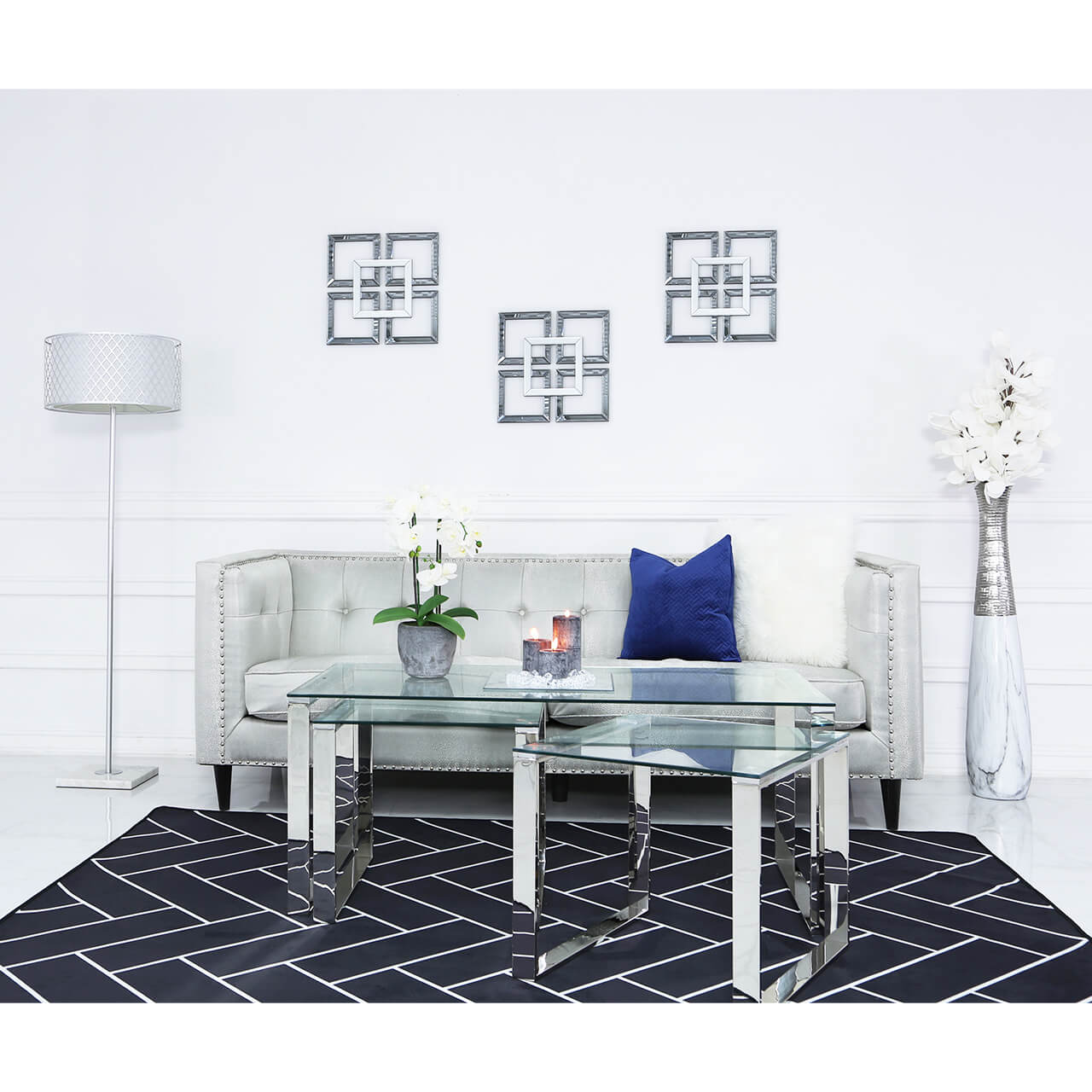Set of 3 Harvard Steel and Glass End Table (Available in Silver & Gold)