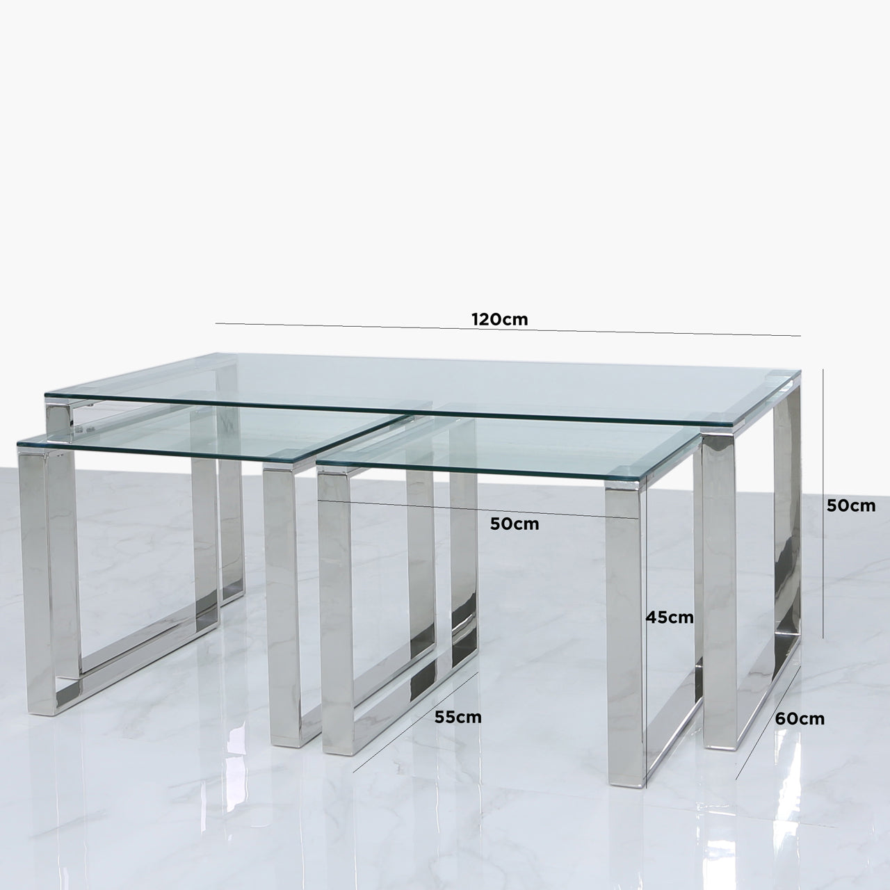 Set of 3 Harvard Steel and Glass End Table (Available in Silver & Gold)
