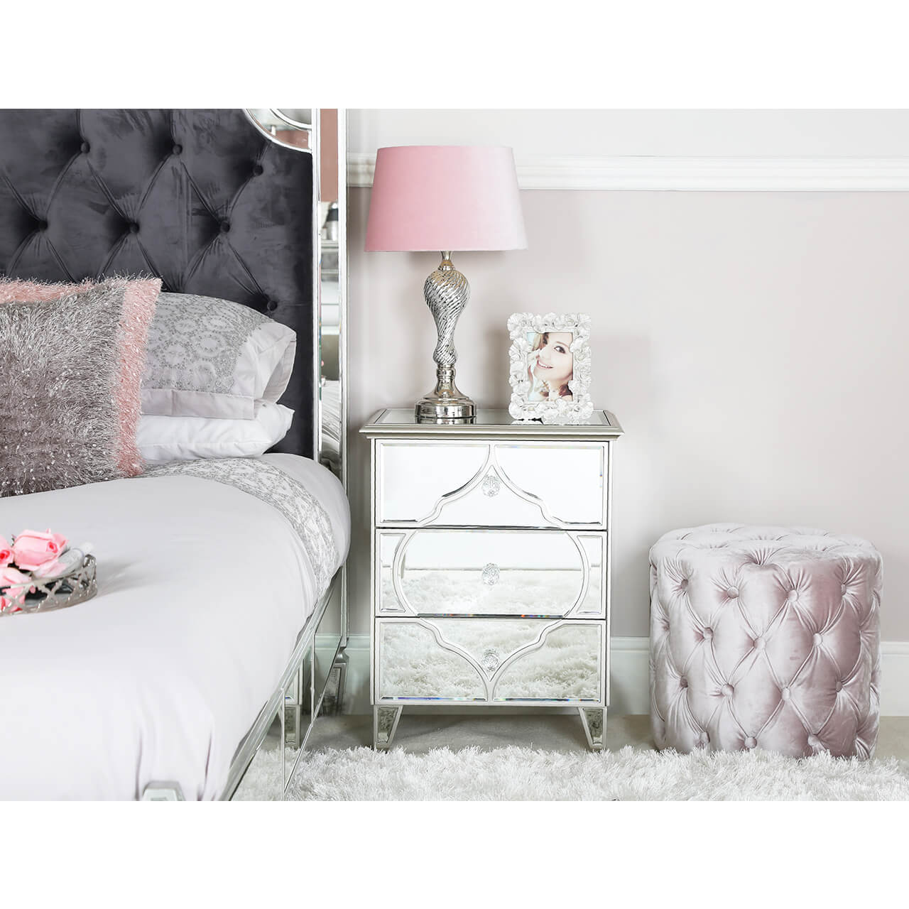 Casablanca Silver Mirror 3 Drawer Bedside Cabinet