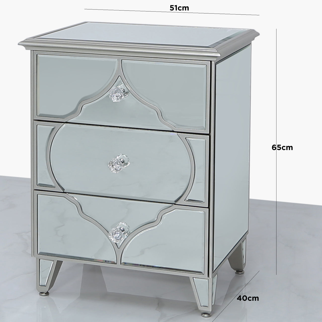 Casablanca Silver Mirror 3 Drawer Bedside Cabinet