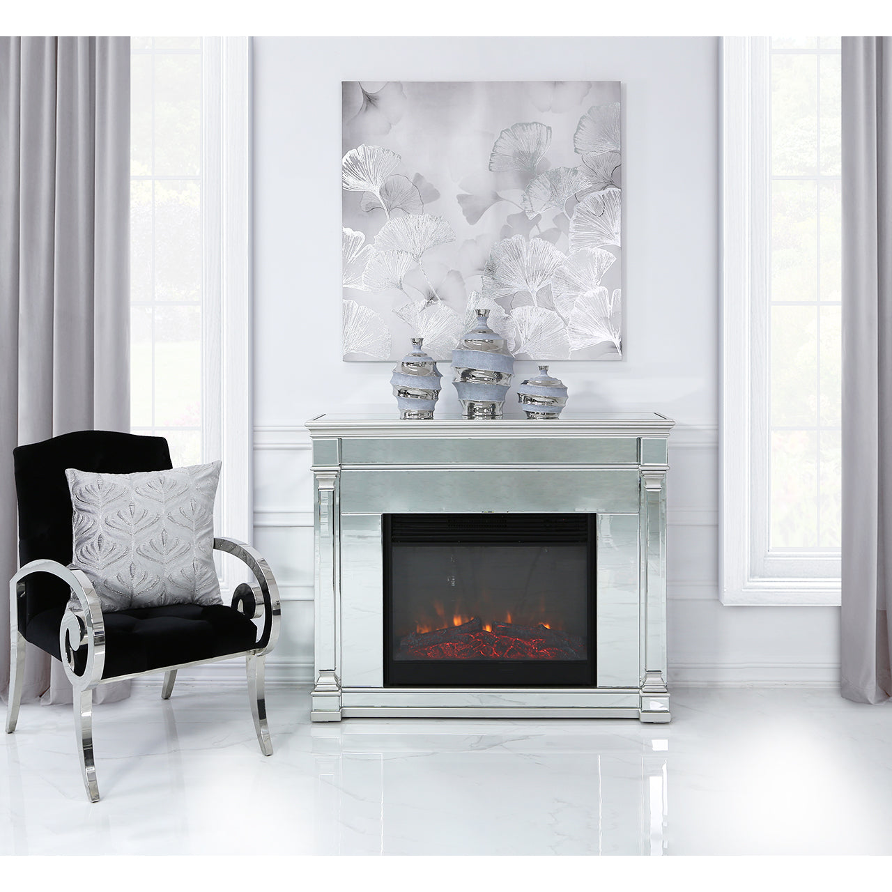 Silver Romano Mirrored Fire Surrounds With Electric Fire